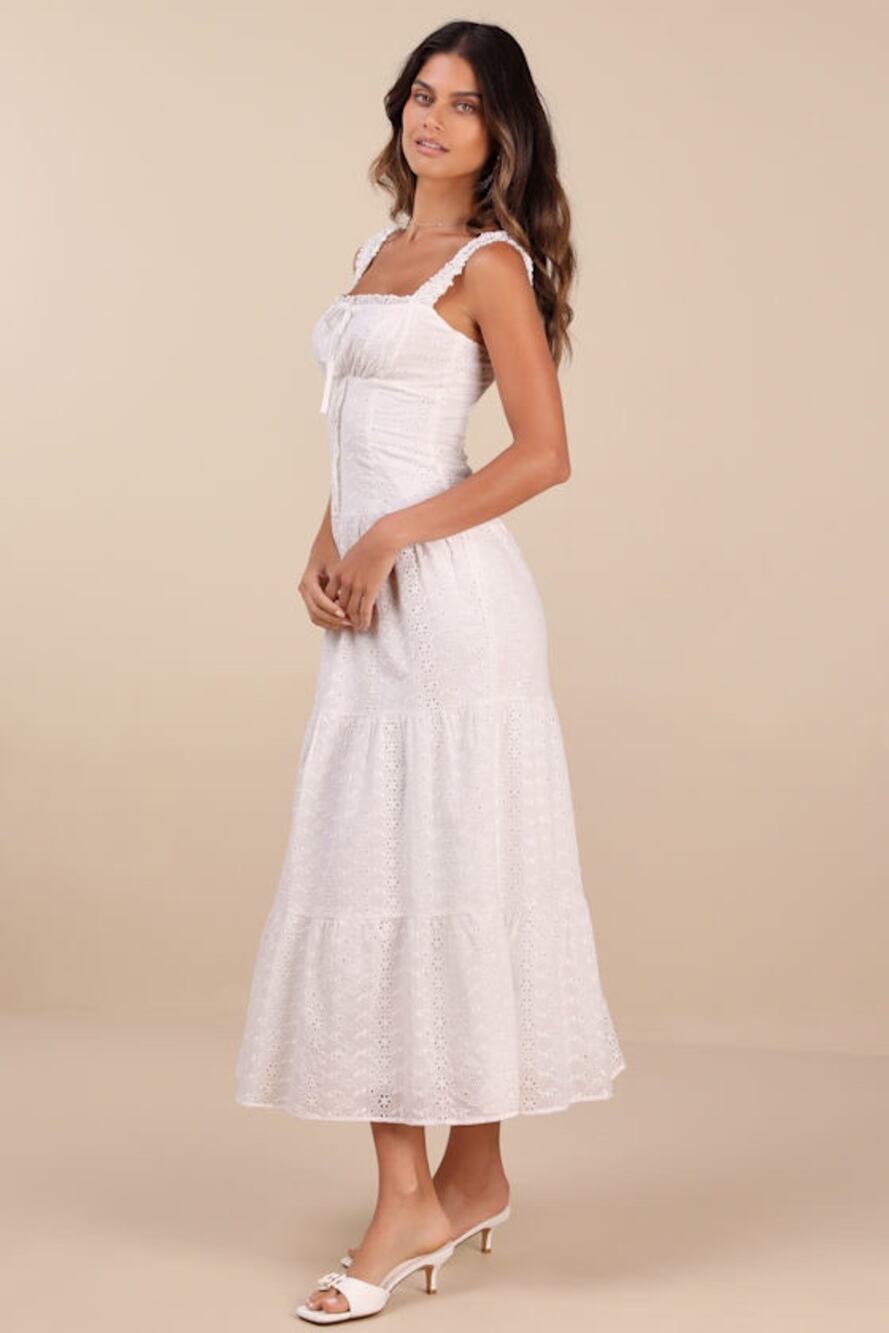 New Lulus Nerissa White Eyelet Embroidered Ruffled Drop Waist Midi Dress Size XS